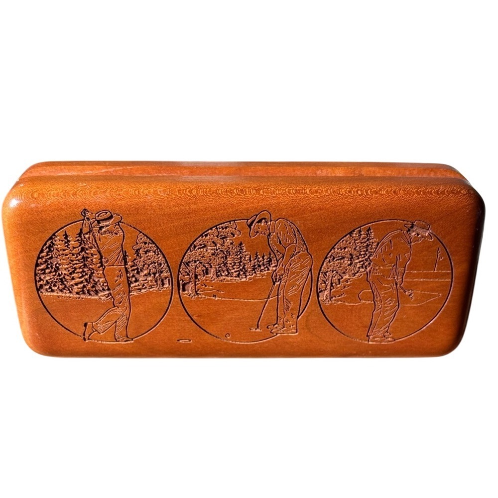 Vintage Wilderness Woods Cherry Wood Golf Scene Pen Jewelry Eyeglass Case 6.75"‎